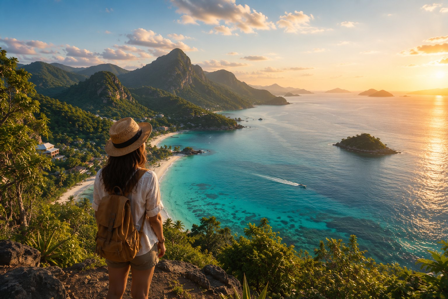 A traveler looking out over a tropical bay at sunset