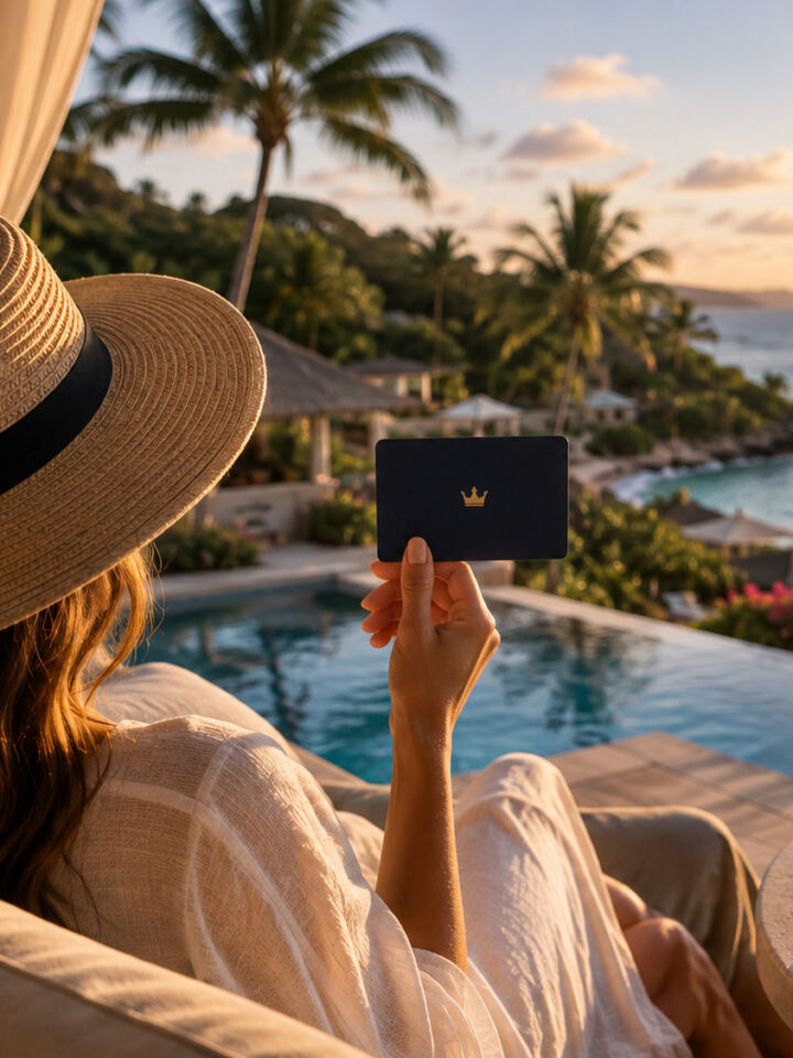 Member holding a membership card at a resort