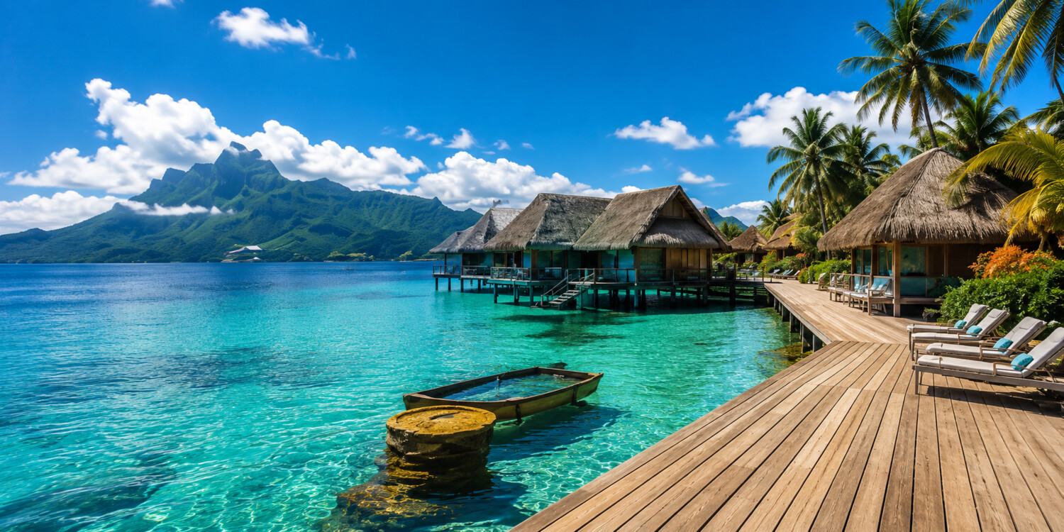 Overwater bungalows on a lagoon